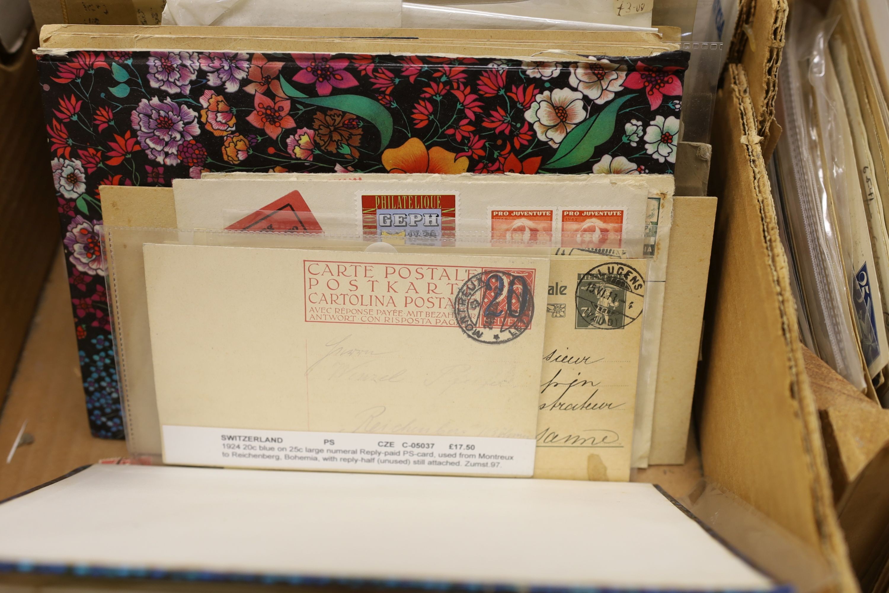 Switzerland postal history collection in album plus loose in boxes from pre stamp to modern with postmark interest, WWI, military, Red Cross, POW mail, postal stationery, post cards, mail to Switzerland (2 boxes)